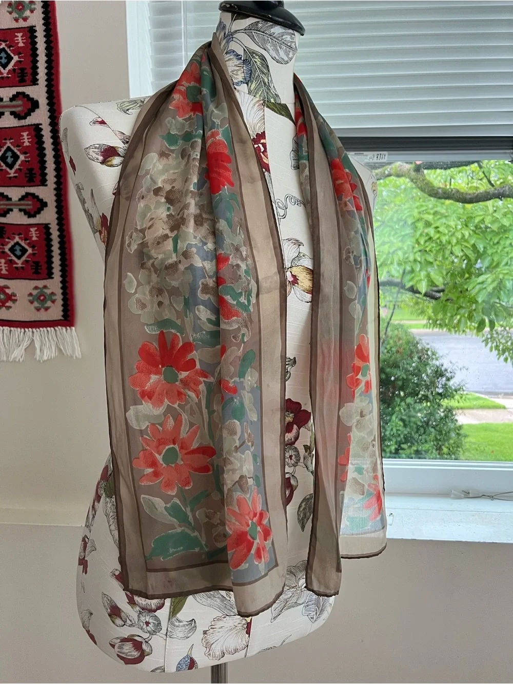 Sheer Floral Scarf in Brown and Coral